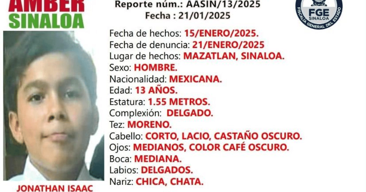 Documento de alerta AMBER para Jonathan Isaac, niño desaparecido en Mazatlán.