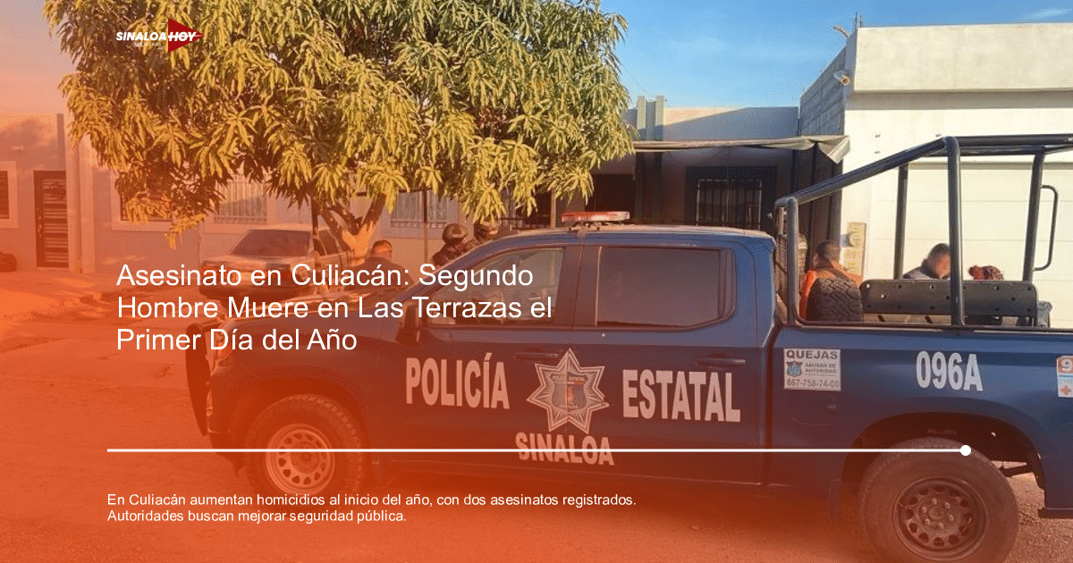 Camioneta de la Policía Estatal de Sinaloa estacionada en un vecindario, con personas, un árbol y una casa al fondo.