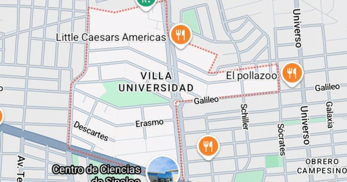 Mapa de Villa Universidad en Culiacán mostrando calles y puntos de interés como restaurantes y el Centro de Ciencias de Sinaloa.