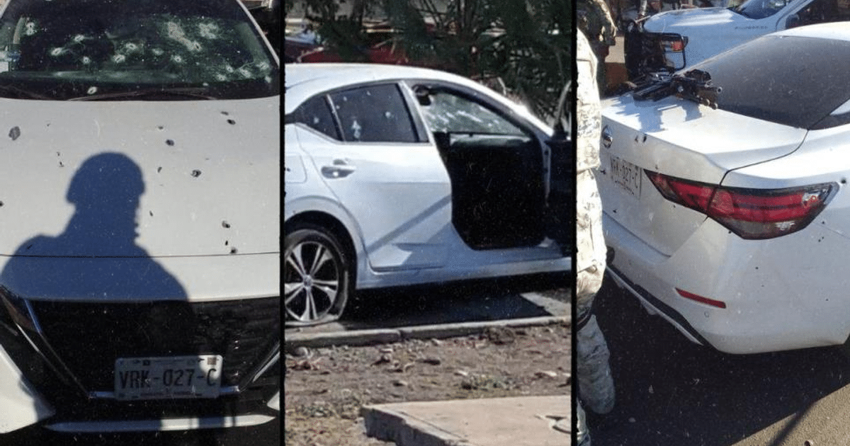 Vehículo blanco con daños por impactos de bala en Culiacán, relacionado con atentado a la Fiscalía.