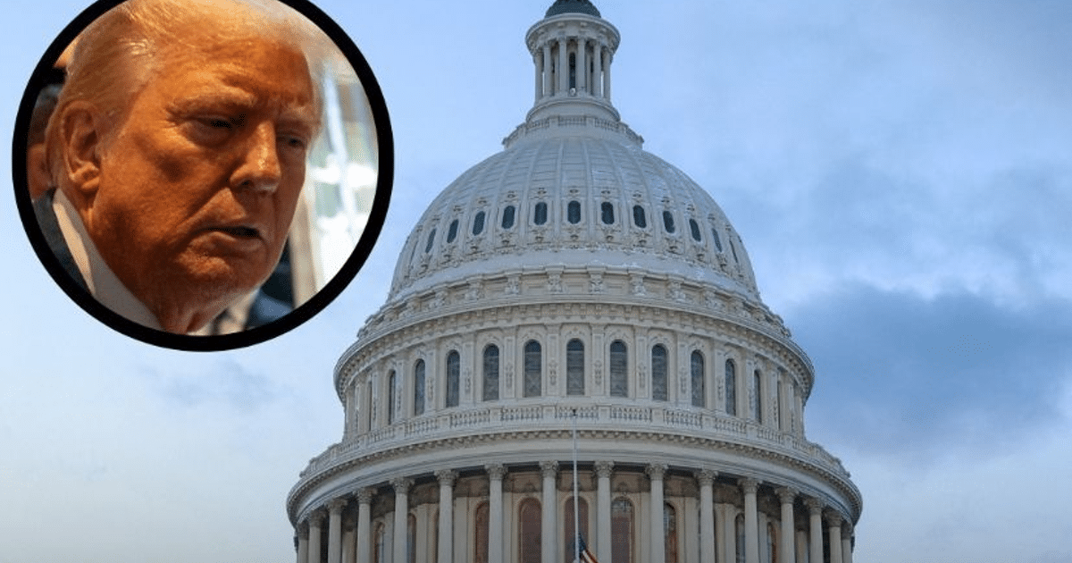 Vista del Capitolio de los Estados Unidos con cúpula prominente y recuadro de imagen no identificada.