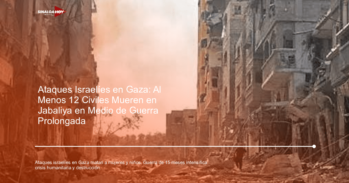 Escena de destrucción urbana en Gaza con edificios dañados y personas entre escombros.