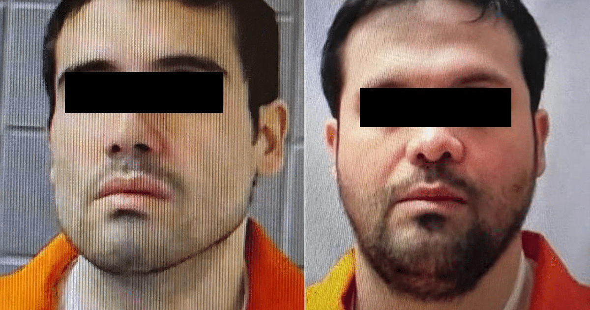 Fotografías de perfil de Ovidio y Joaquín Guzmán en uniforme naranja con rostros parcialmente ocultos.