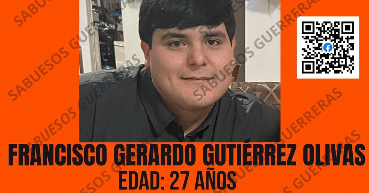 Cartel de búsqueda de Francisco Gerardo Gutiérrez Olivas con retrato, nombre, edad, código QR y grupo 'Sabuesos Guerreras'.