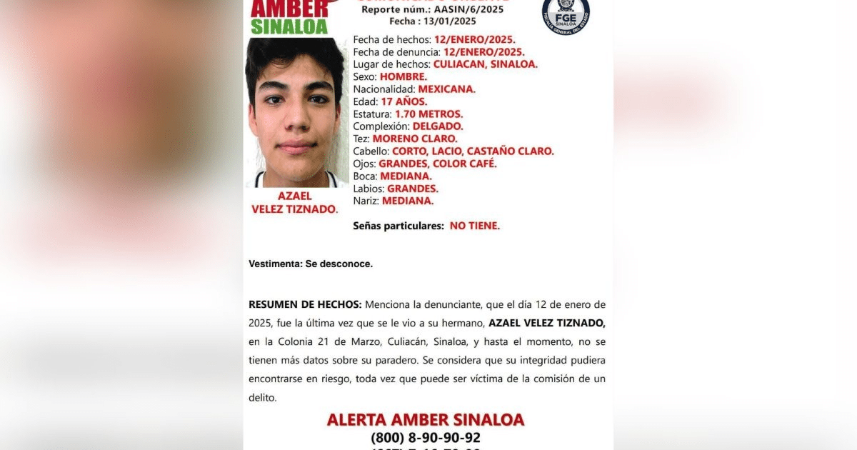 Alerta Amber para Azael Vélez Tiznado, desaparecido en Culiacán, Sinaloa.