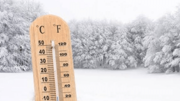 Termómetro de madera en paisaje nevado con árboles cubiertos de nieve, mostrando temperaturas en Celsius y Fahrenheit.
