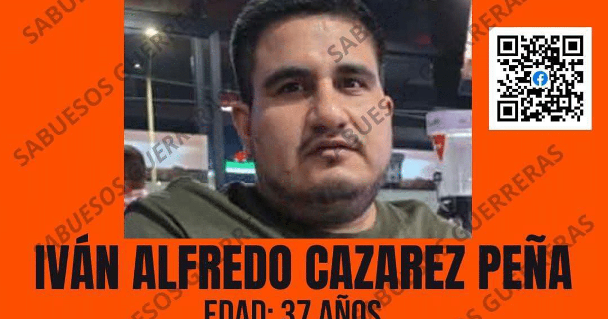 Cartel de búsqueda de Iván Alfredo Cazares Peña, 37 años, con código QR y detalles del grupo 'Sabuesos Guerreras'.