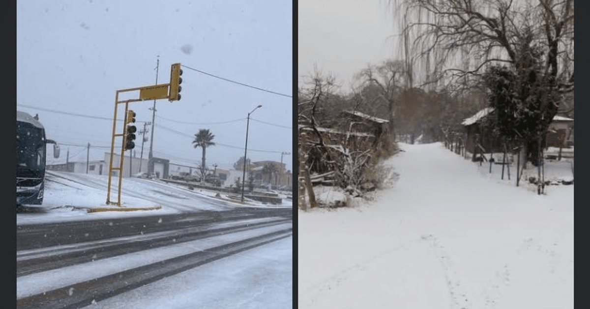 Escenas invernales en Nácori Chico, Cananea y Nacozari con calles y caminos cubiertos de nieve.