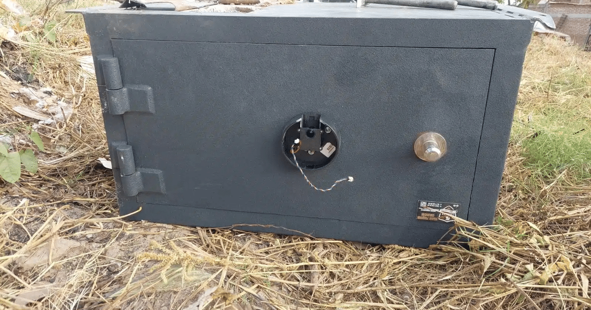Caja fuerte negra con cerradura y perilla, cables visibles, rodeada de hierba y hojas secas.