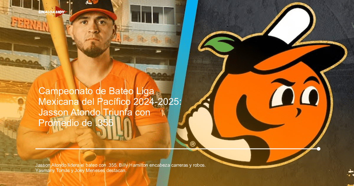 Jasson Atondo, jugador de béisbol de los Naranjeros de Hermosillo, con uniforme naranja y bate en mano, junto a la mascota del equipo.