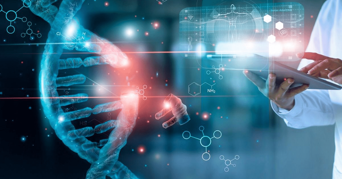 Representación gráfica del ADN con elementos tecnológicos, simbolizando la biotecnología y los recortes en ciencia en México.