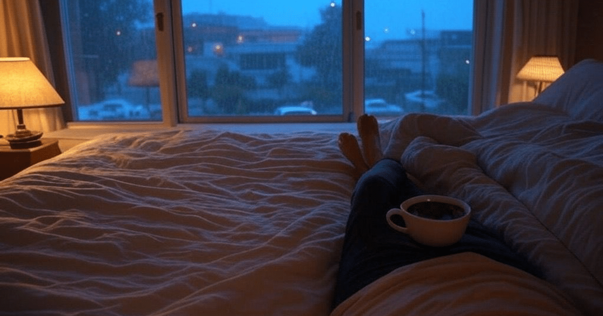 Persona descansando en cama con cuenco, ventana con lluvia y lámpara encendida.