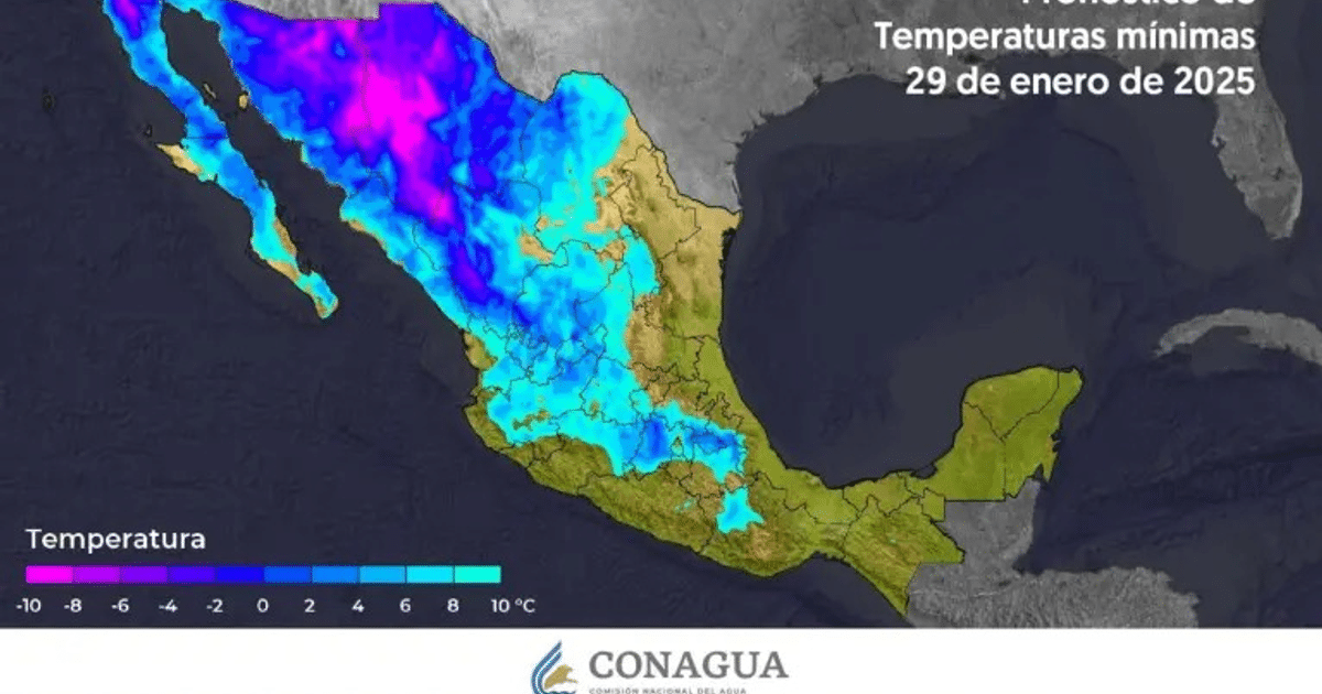 Mapa de México con temperaturas mínimas pronosticadas para el 29 de enero de 2025, con colores que indican diferentes rangos de temperatura, desde morados para temperaturas muy bajas hasta tonos claros para temperaturas más cálidas.