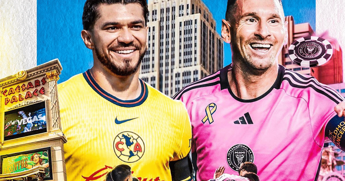 Futbolistas del Club América e Inter Miami en Las Vegas, con fondo de Caesars Palace.