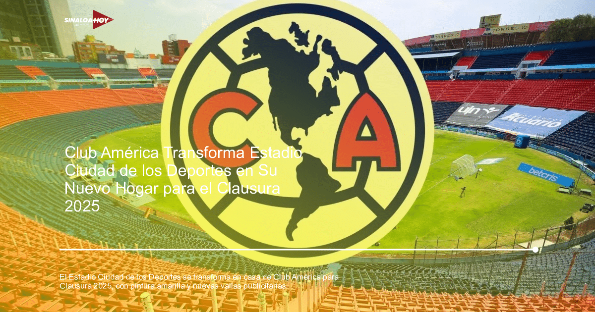Estadio Ciudad de los Deportes con el escudo del Club América superpuesto, mostrando su nueva identidad para el Clausura 2025.