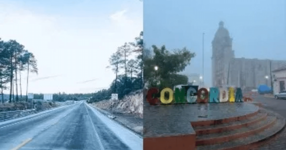 Carretera despejada y escena brumosa en Concordia con letrero 'CONCORDIA'.