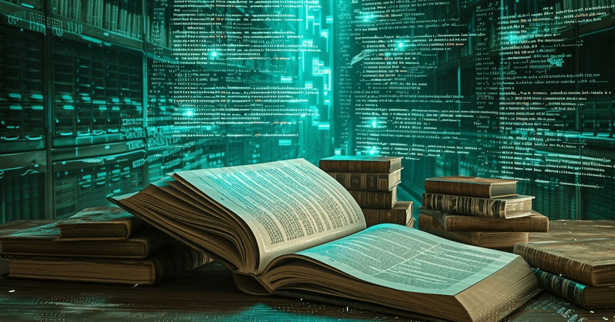 Libro abierto con fondo digital de datos y números, simbolizando la fusión entre lo clásico y lo tecnológico.