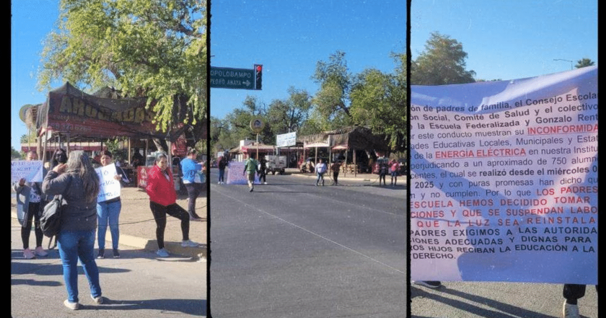 Manifestación en Los Mochis por cortes de electricidad en escuelas, con personas sosteniendo pancartas en la calle.