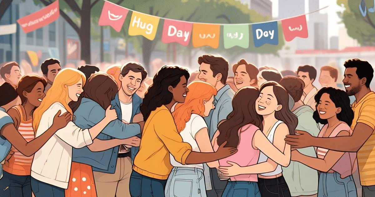 Grupo de personas abrazándose bajo una pancarta de 'Hug Day', celebrando el Día Internacional del Abrazo.