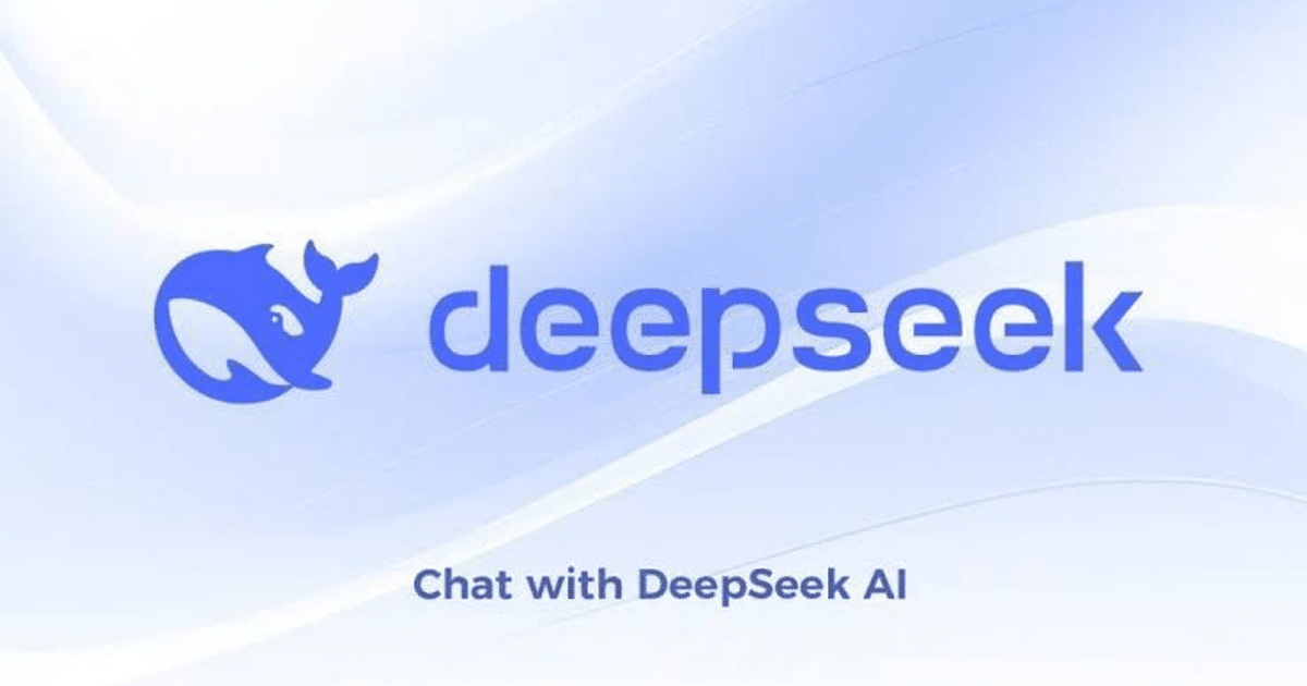 Logo de DeepSeek AI con diseño de ballena y texto 'Chat with DeepSeek AI' sobre fondo de ondas.