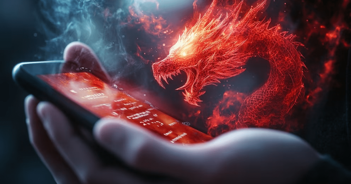 Mano sosteniendo un teléfono con un dragón rojo emergiendo de la pantalla, simbolizando la fusión de tecnología y fantasía.