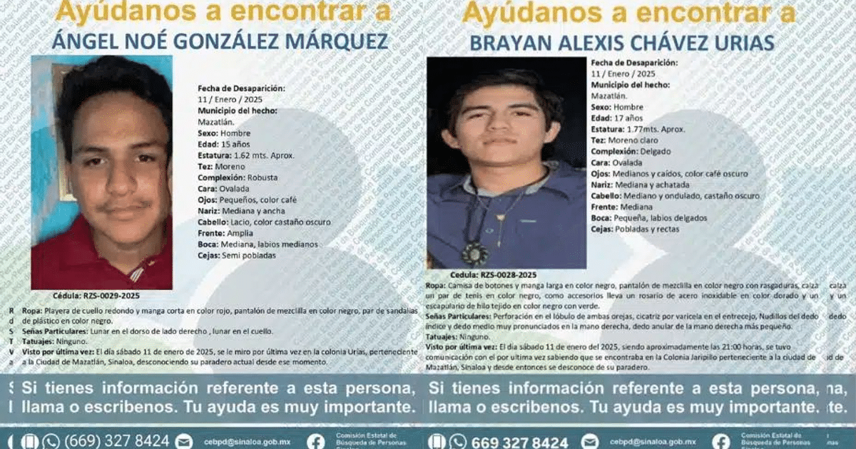 Volante de búsqueda de Ángel Noé González Márquez y Brayan Alexis Chávez Urias, desaparecidos en Mazatlán, Sinaloa.