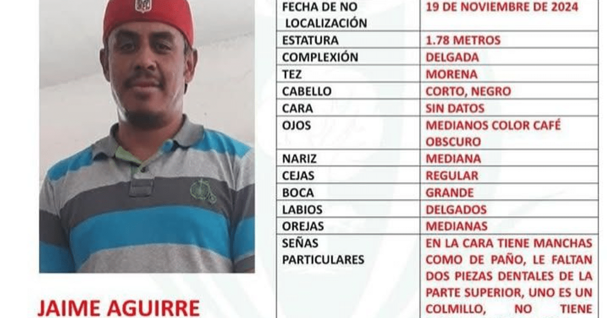 Documento de persona desaparecida: Jaime Aguirre, con detalles físicos y fecha de desaparición.