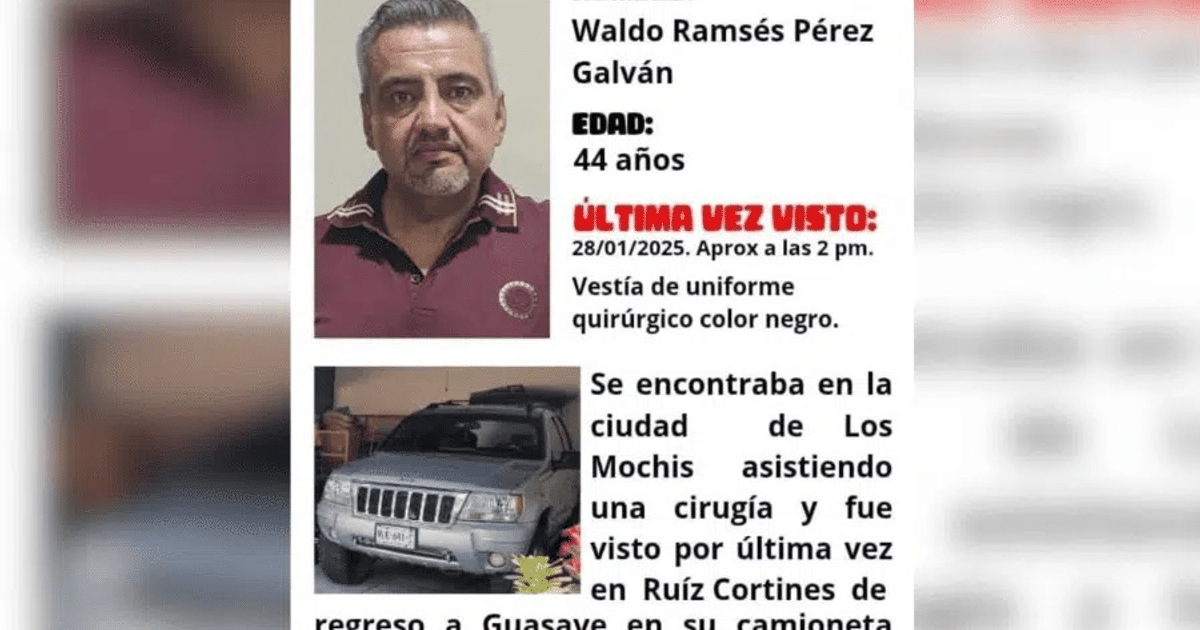 Aviso de búsqueda de Waldo Ramsés Pérez Galván, enfermero desaparecido en Los Mochis, con detalles del último avistamiento y vehículo.