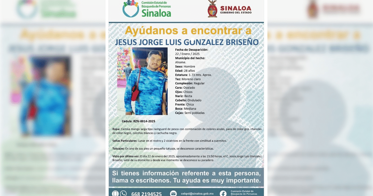 Cartel de búsqueda de Jesús Jorge Luis González Briseño, desaparecido en Los Mochis, Sinaloa.