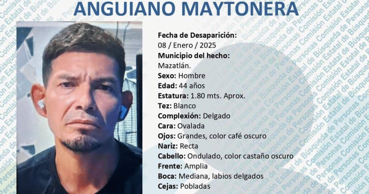 Cartel de desaparición de Raúl Antonio Anguiano Maytonera con detalles físicos y de vestimenta.