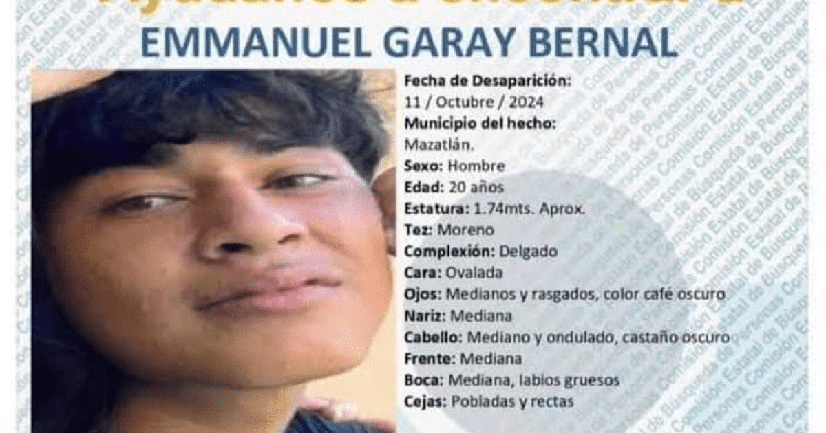 Ficha de búsqueda de Emmanuel Garay Bernal, desaparecido en Mazatlán el 11 de octubre de 2024.