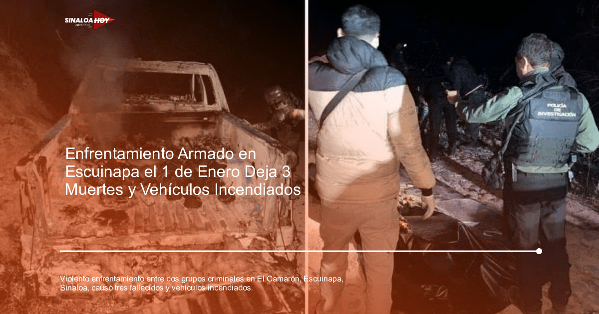 Camioneta quemada y oficiales de policía en escena de crimen en Escuinapa