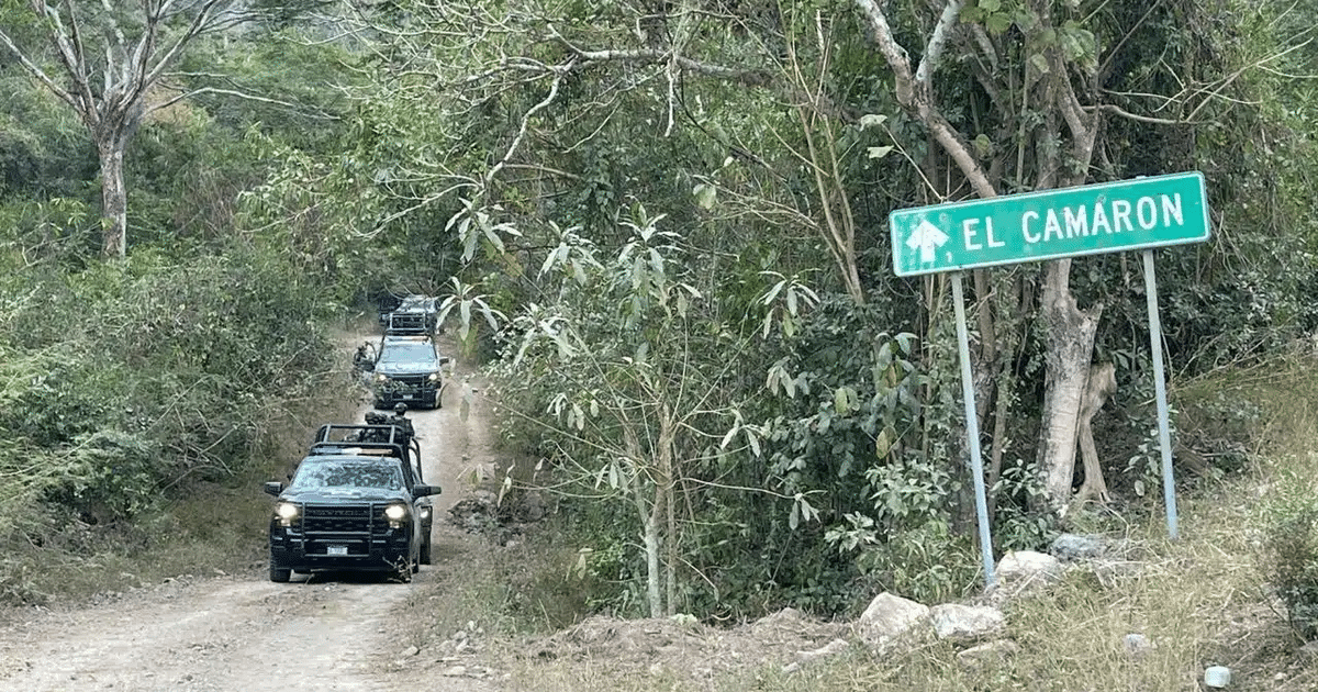 Camino rural en El Camarón, Escuinapa, con vehículos y letrero verde, rodeado de vegetación.