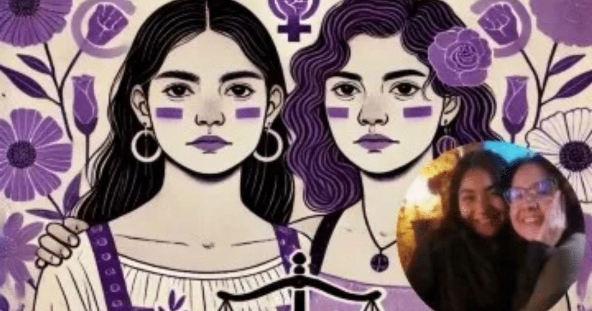Ilustración de dos mujeres con adornos y líneas moradas en sus mejillas, simbolizando empoderamiento femenino y apoyo a causas sociales.