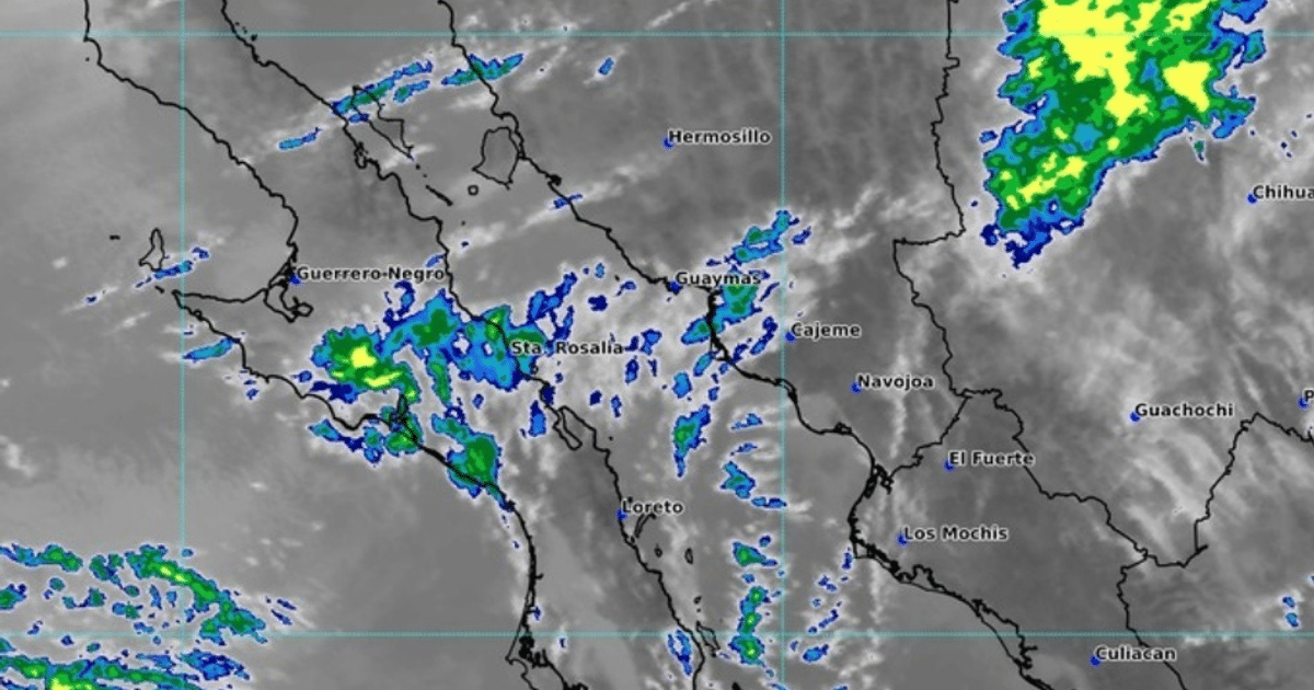 Mapa meteorológico con áreas de precipitación en México, mostrando localidades como Guaymas y Cajeme.
