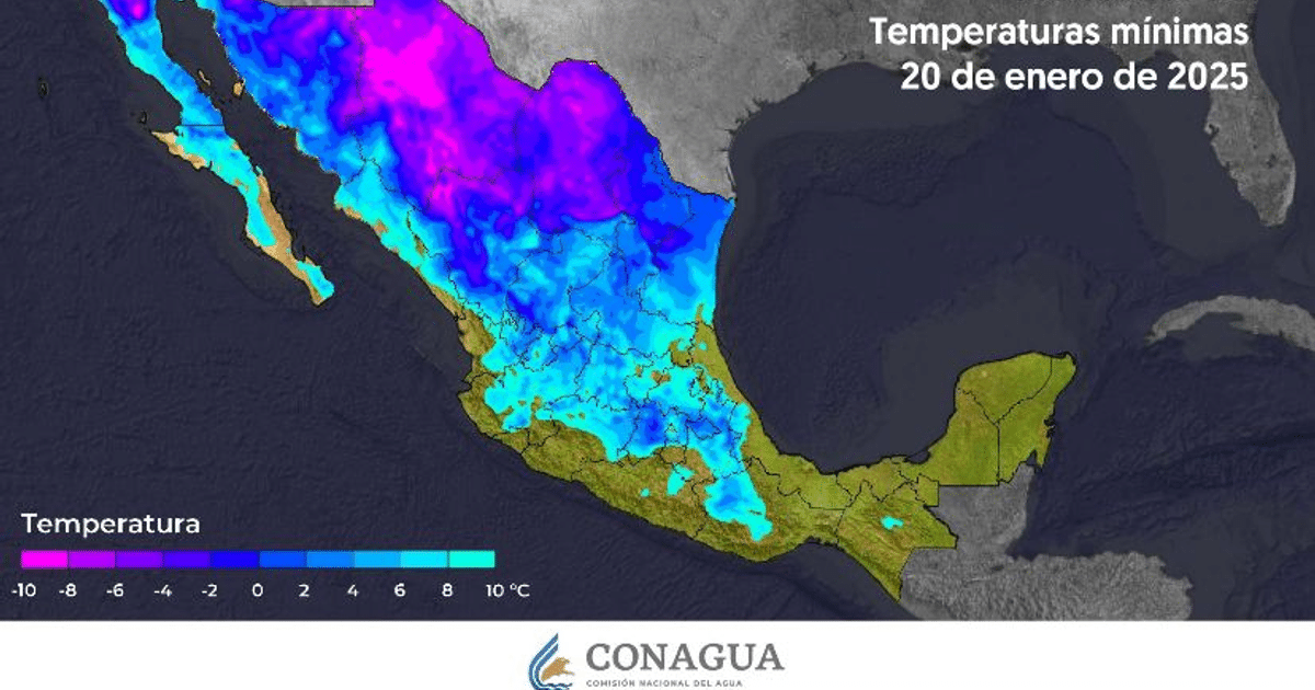 Mapa de México con temperaturas mínimas del 20 de enero de 2025, mostrando áreas frías en morado y azul, y cálidas en amarillo y verde.