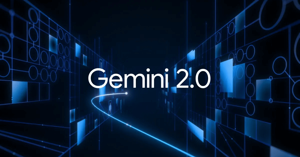 Diseño digital futurista con texto 'Gemini 2.0' en el centro, relacionado con la IA de Google.