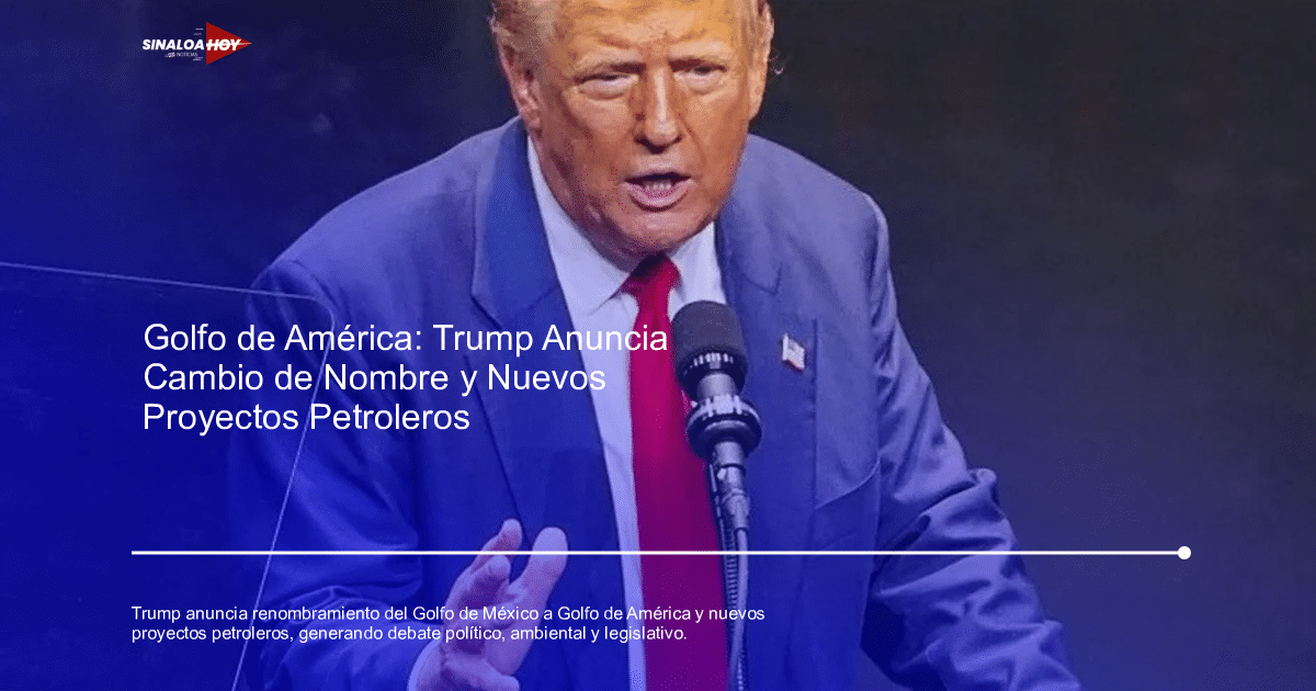 Donald Trump hablando en una conferencia sobre el cambio de nombre del Golfo de México a Golfo de América.