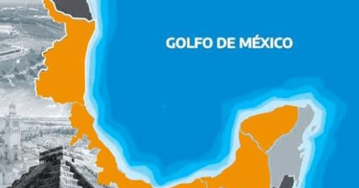 Mapa del Golfo de México con áreas en naranja y azul, y texto 'GOLFO DE MÉXICO'.