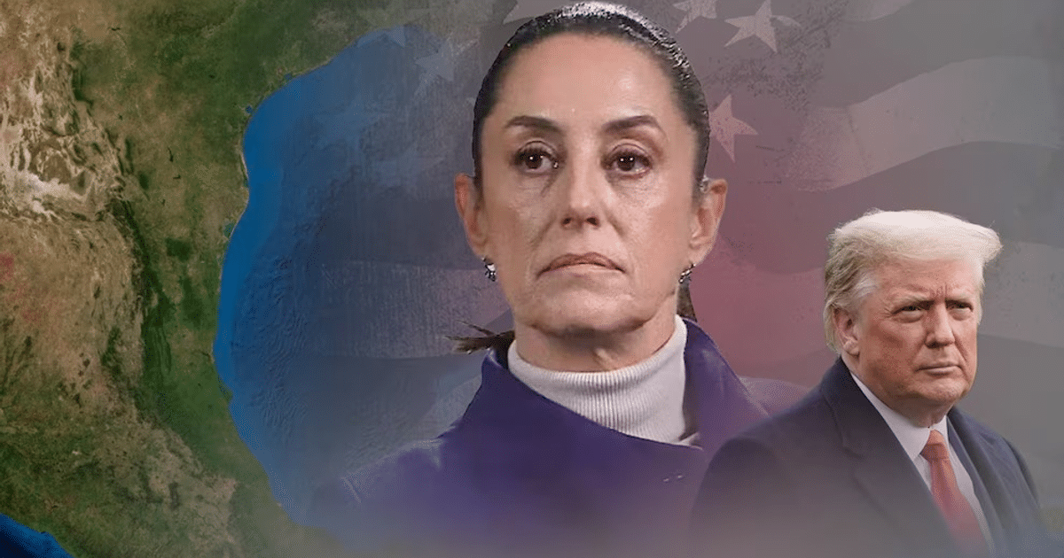 Mapa de Texas con figuras de una mujer y un hombre, relacionado con la respuesta de Sheinbaum a Trump sobre el Golfo de México.