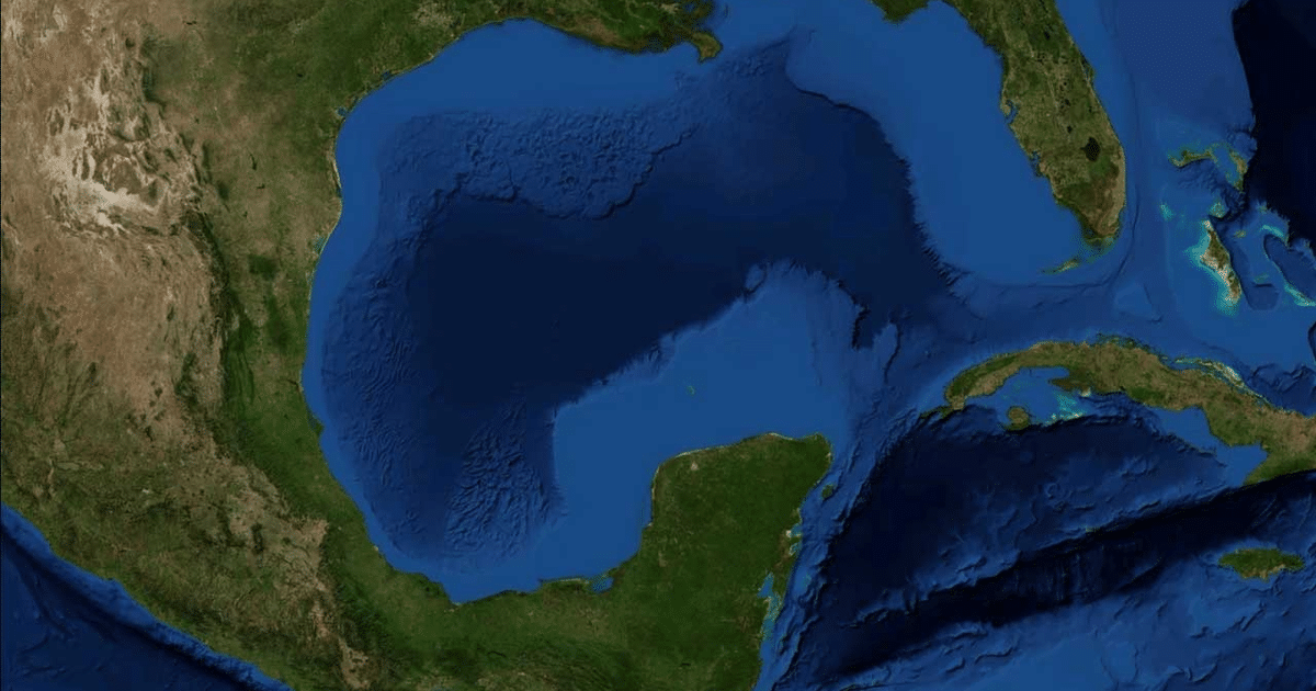 Mapa del Golfo de México mostrando México y Estados Unidos, en el contexto de la controversia de Google Maps.