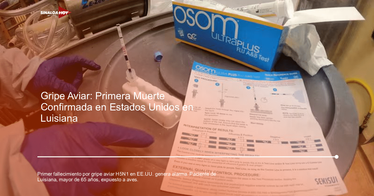Dispositivo de prueba de influenza en laboratorio con manos en guantes azules