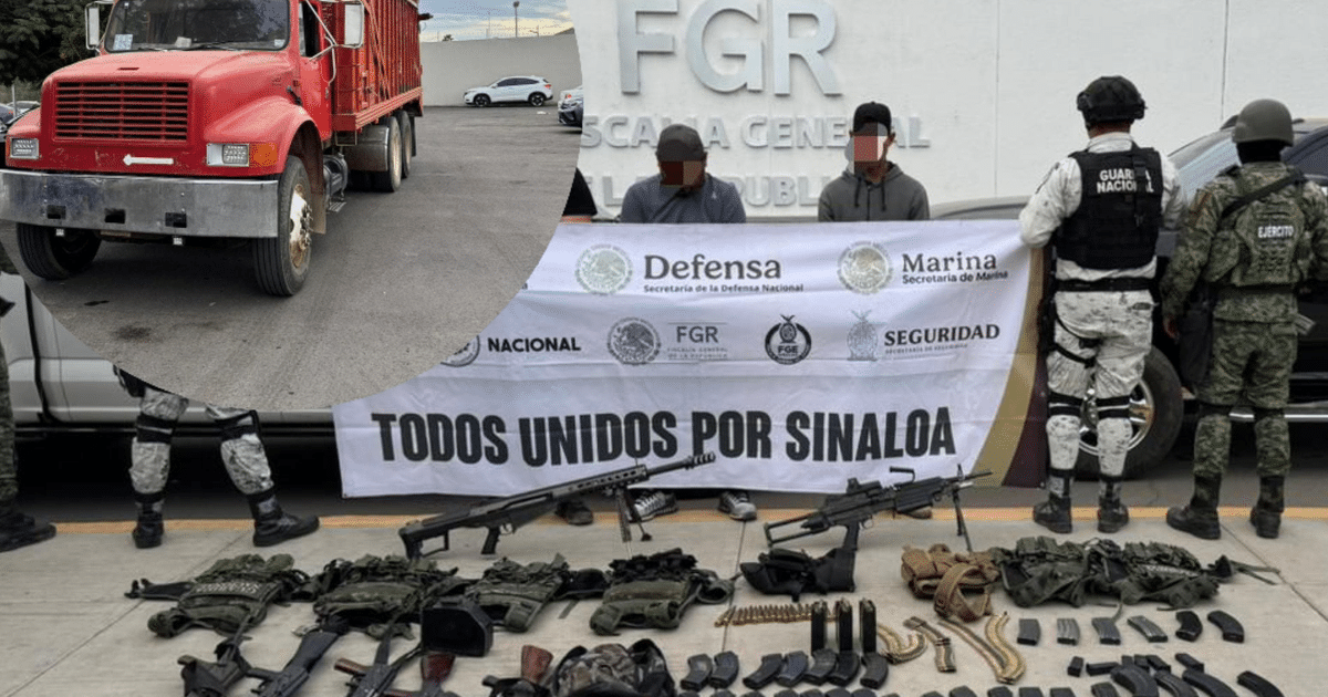 Operativo de seguridad en Sinaloa con camión rojo y pancarta 'TODOS UNIDOS POR SINALOA'.