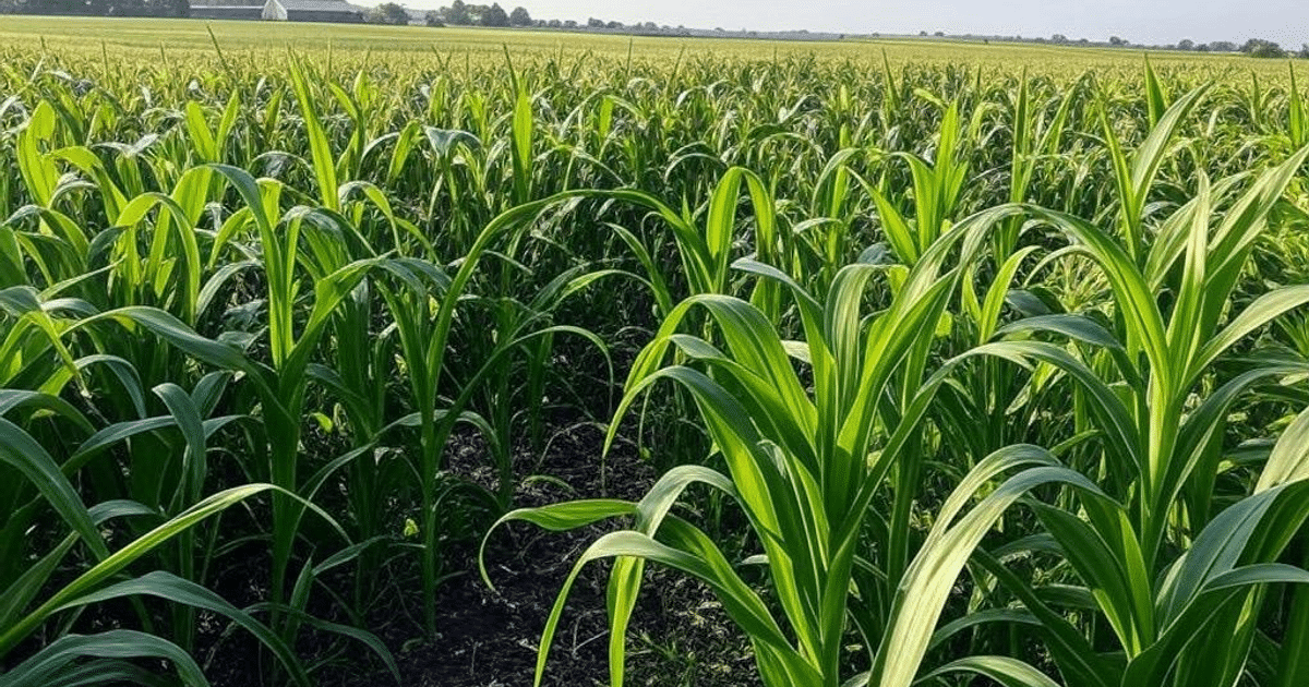 Campo de maíz en Angostura con cielo despejado y estructuras agrícolas al fondo.