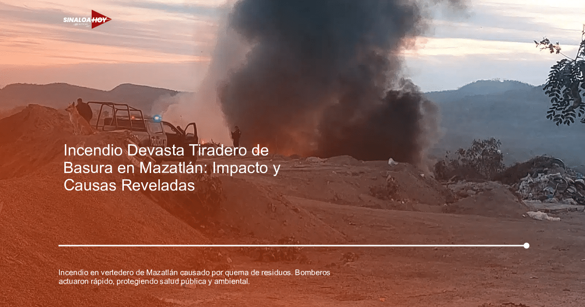 Incendio en vertedero de Mazatlán con humo negro y vehículo policial