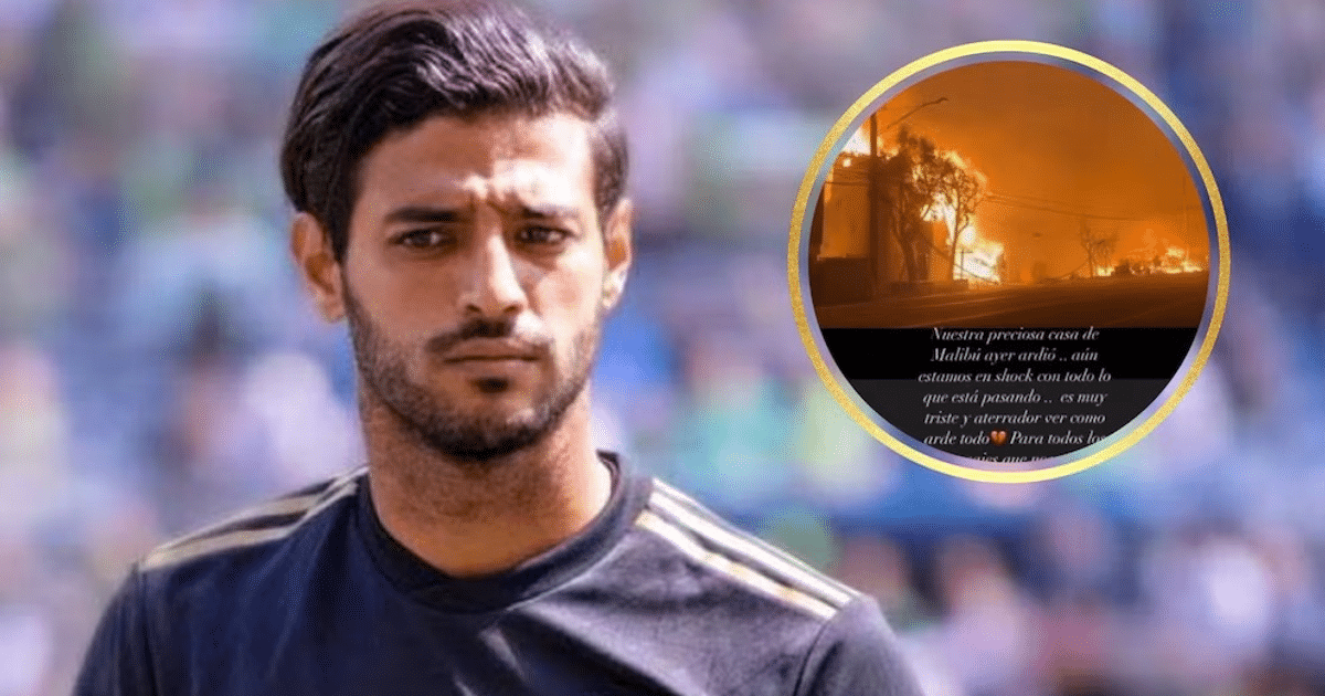 Hombre serio junto a imagen de incendio en Malibú, relacionado con la pérdida de la casa de Carlos Vela.