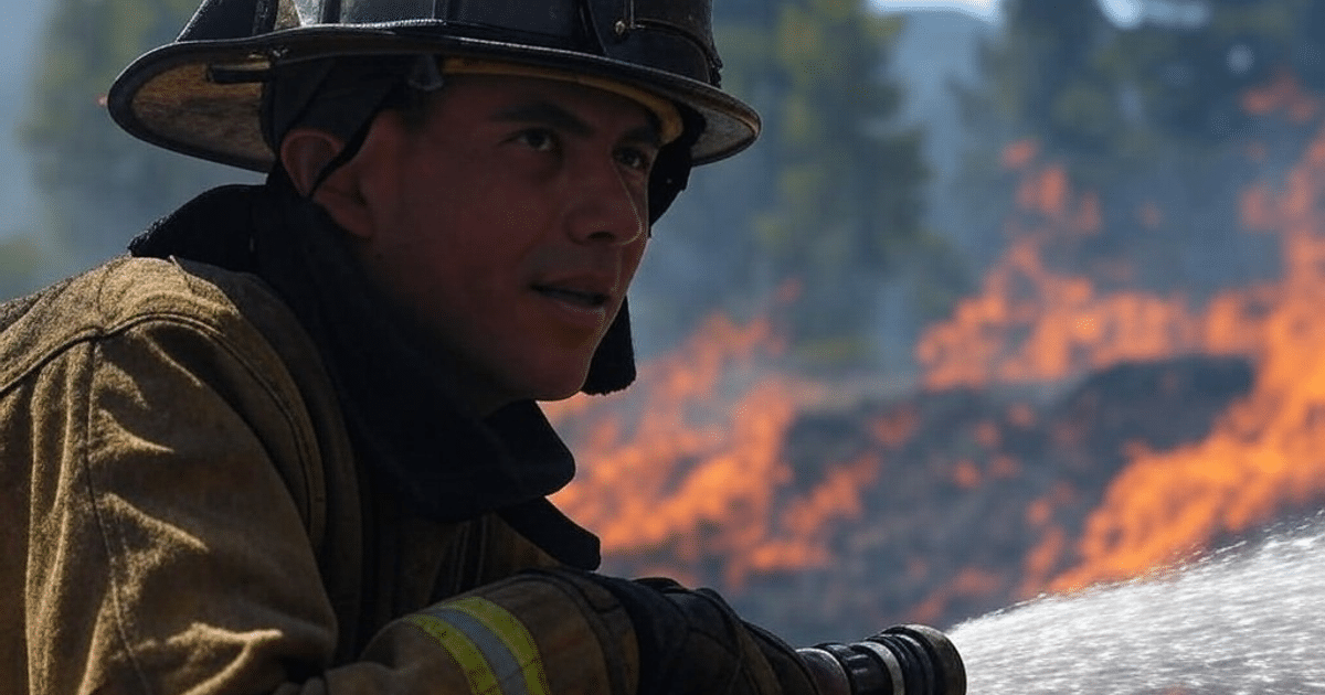 Bombero apagando incendio en Los Ángeles con manguera