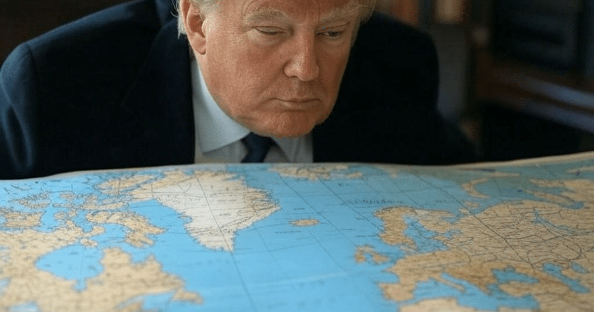 Persona rubia con traje oscuro observando un mapa mundial, relacionado con la independencia de Groenlandia.