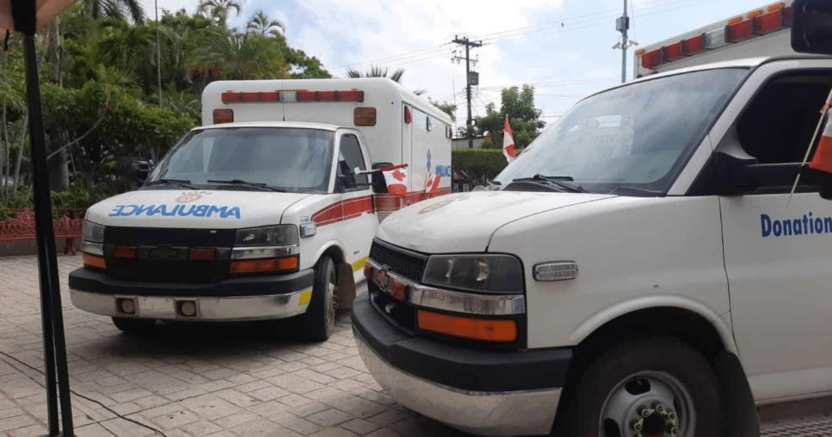 Dos ambulancias estacionadas al aire libre, una con 'AMBULANCIA' y franjas, otra blanca con 'Donation', rodeadas de vegetación y cielo nublado.