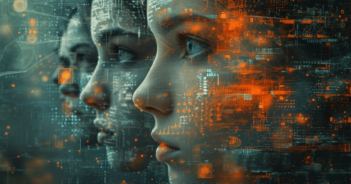 Perfiles humanos superpuestos sobre un fondo digital de circuitos y datos, en colores azul y naranja, simbolizando la inteligencia artificial.